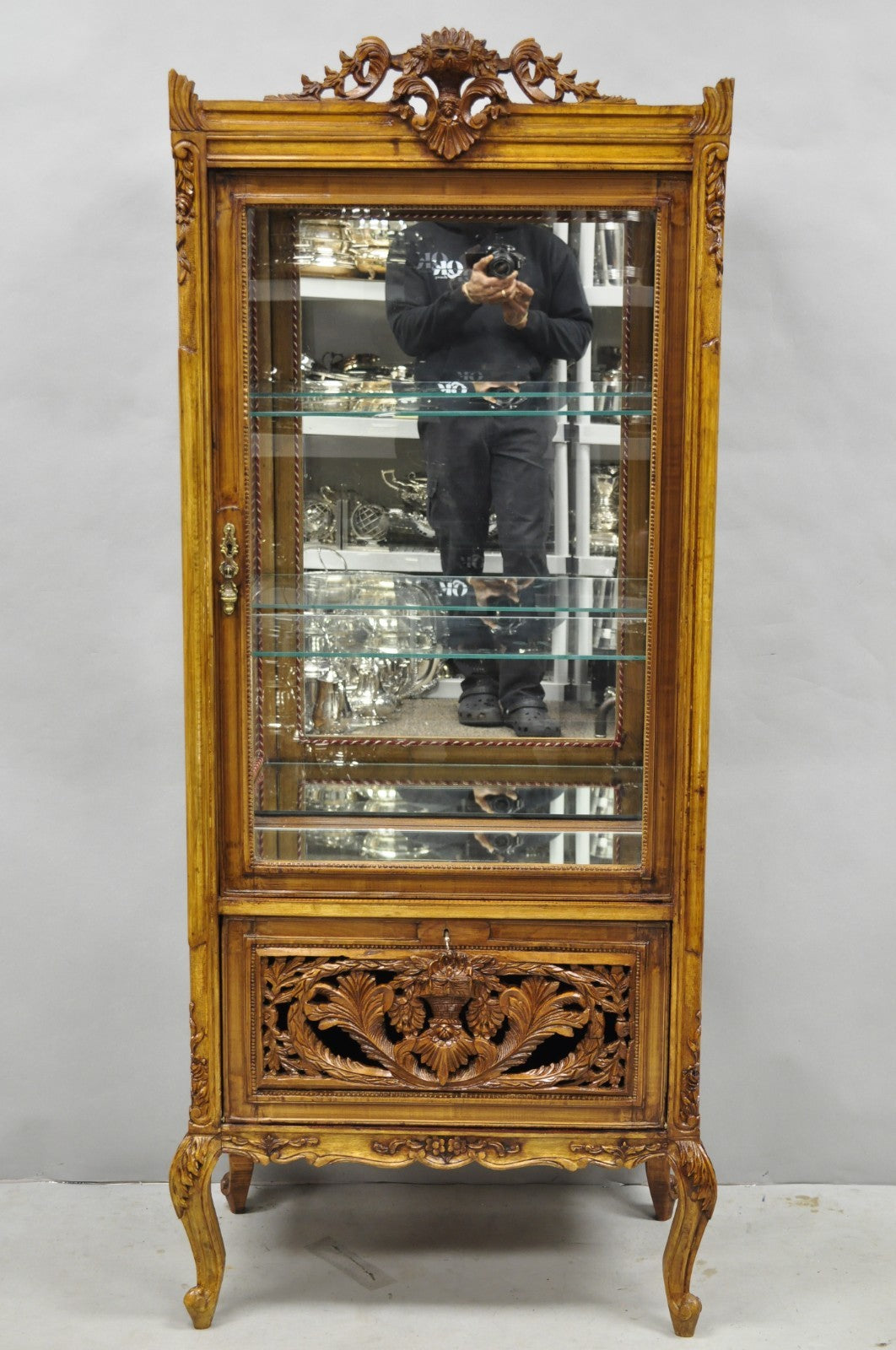 Vintage French Baroque Style Carved Wood & Glass Curio China Display Cabinet
