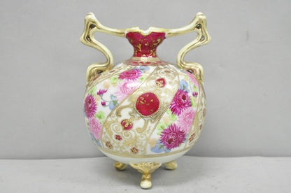 Antique Nippon Moriage Porcelain Twin Handle Ball Vase w/ Hand Painted Roses (B)