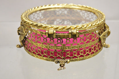 Vintage French Beveled Glass Gold Filigree Round Casket Jewelry Trinket Box