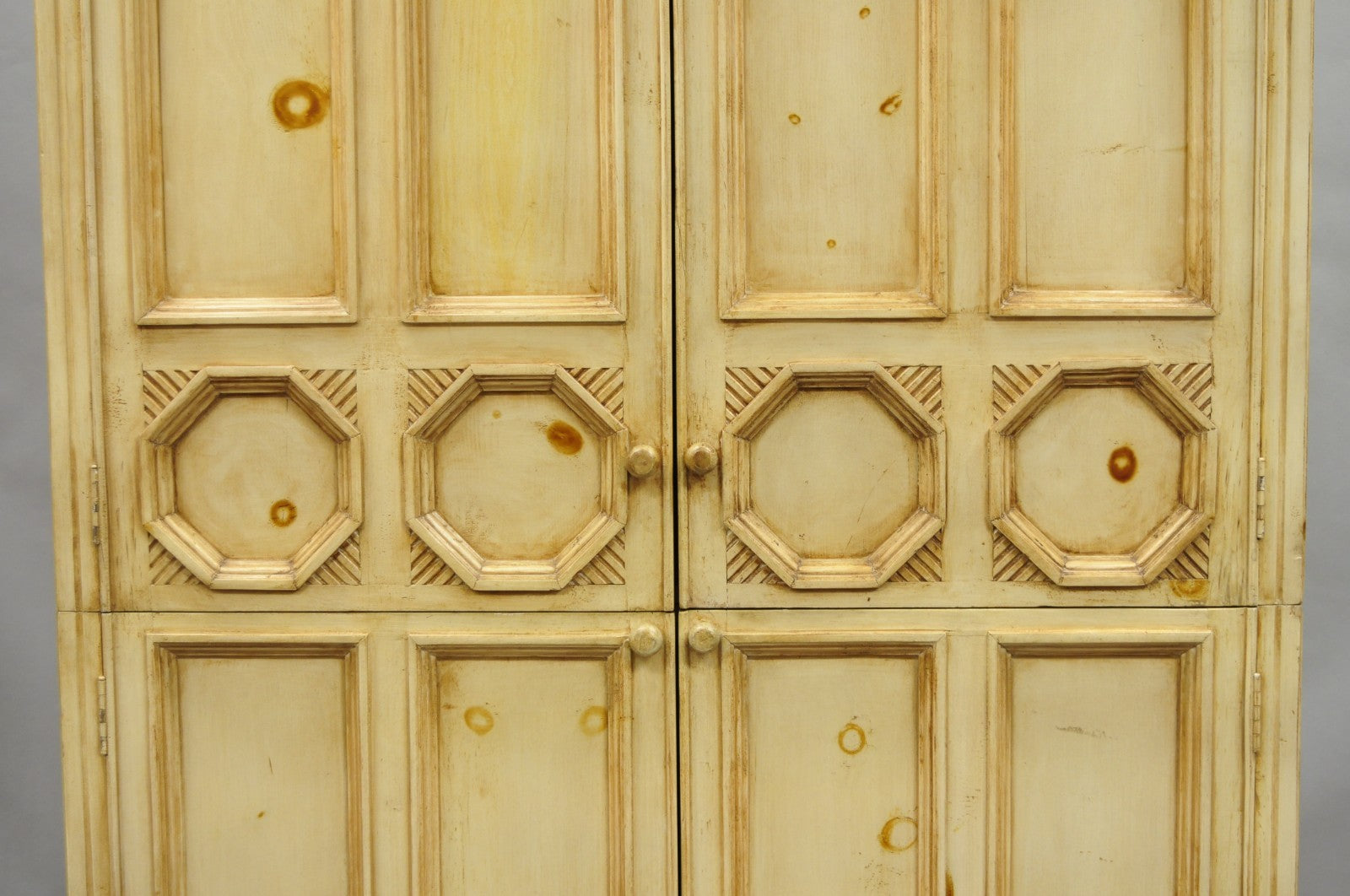 French Country Provincial Distressed Knotty Pine Wood 2 Part Cupboard Cabinet