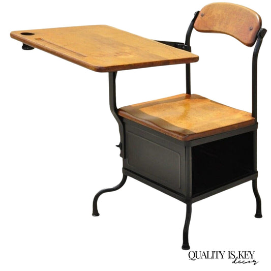 Antique American Industrial Iron and Maple Childs School Writing Desk