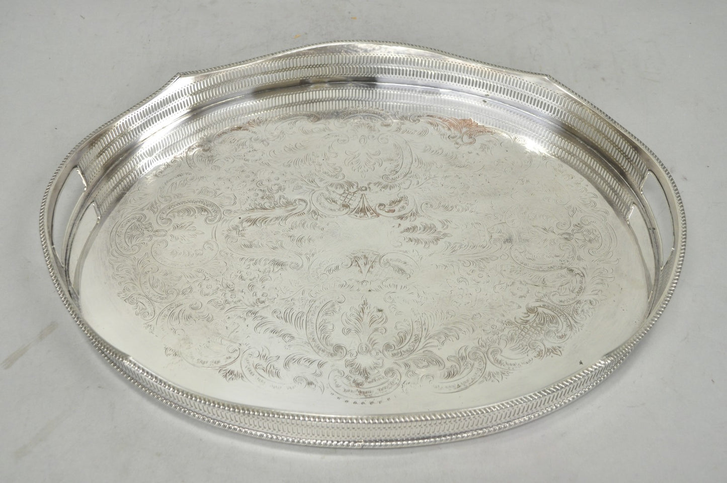 Vintage English Edwardian Silver Plated Oval Scalloped Gallery Bar Platter Tray