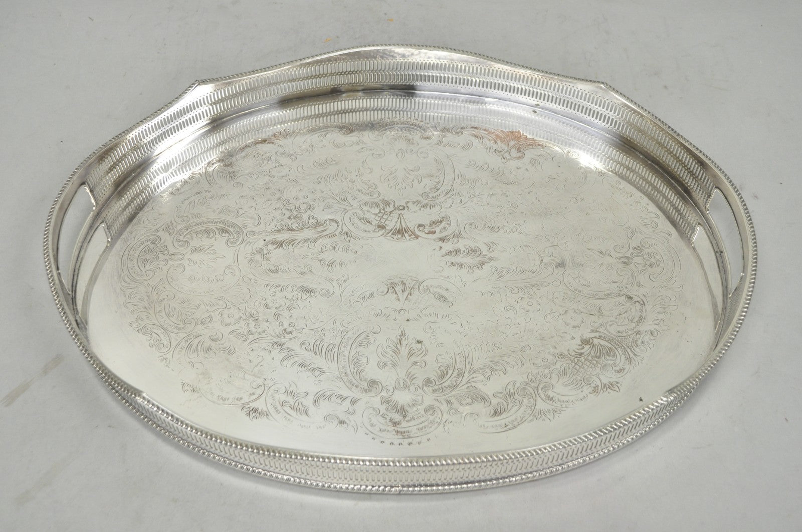 Vintage English Edwardian Silver Plated Oval Scalloped Gallery Bar Platter Tray