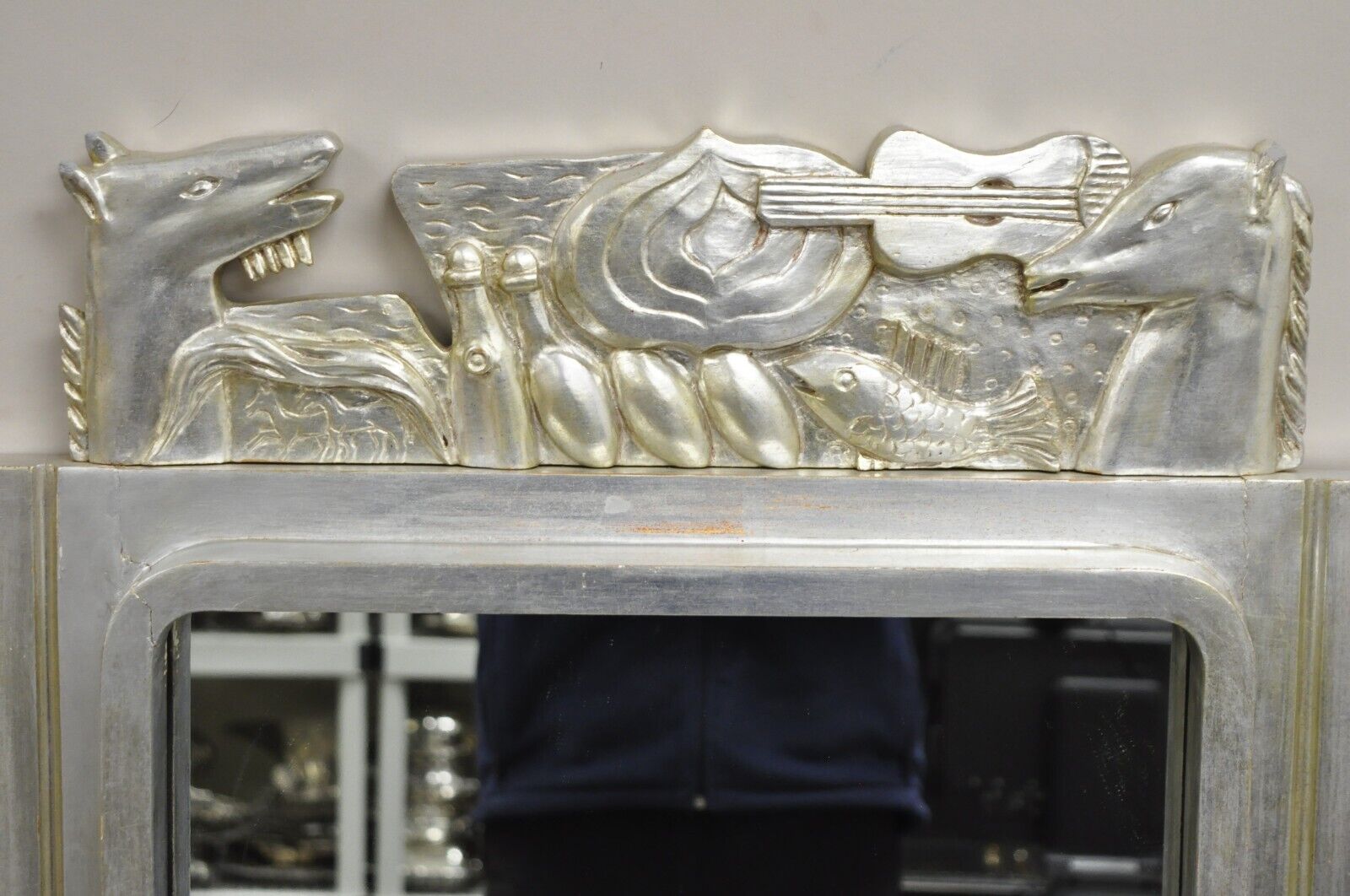 Vintage Italian Modern Figural Relief Carved Silver Leaf Wall Mirrors - a Pair