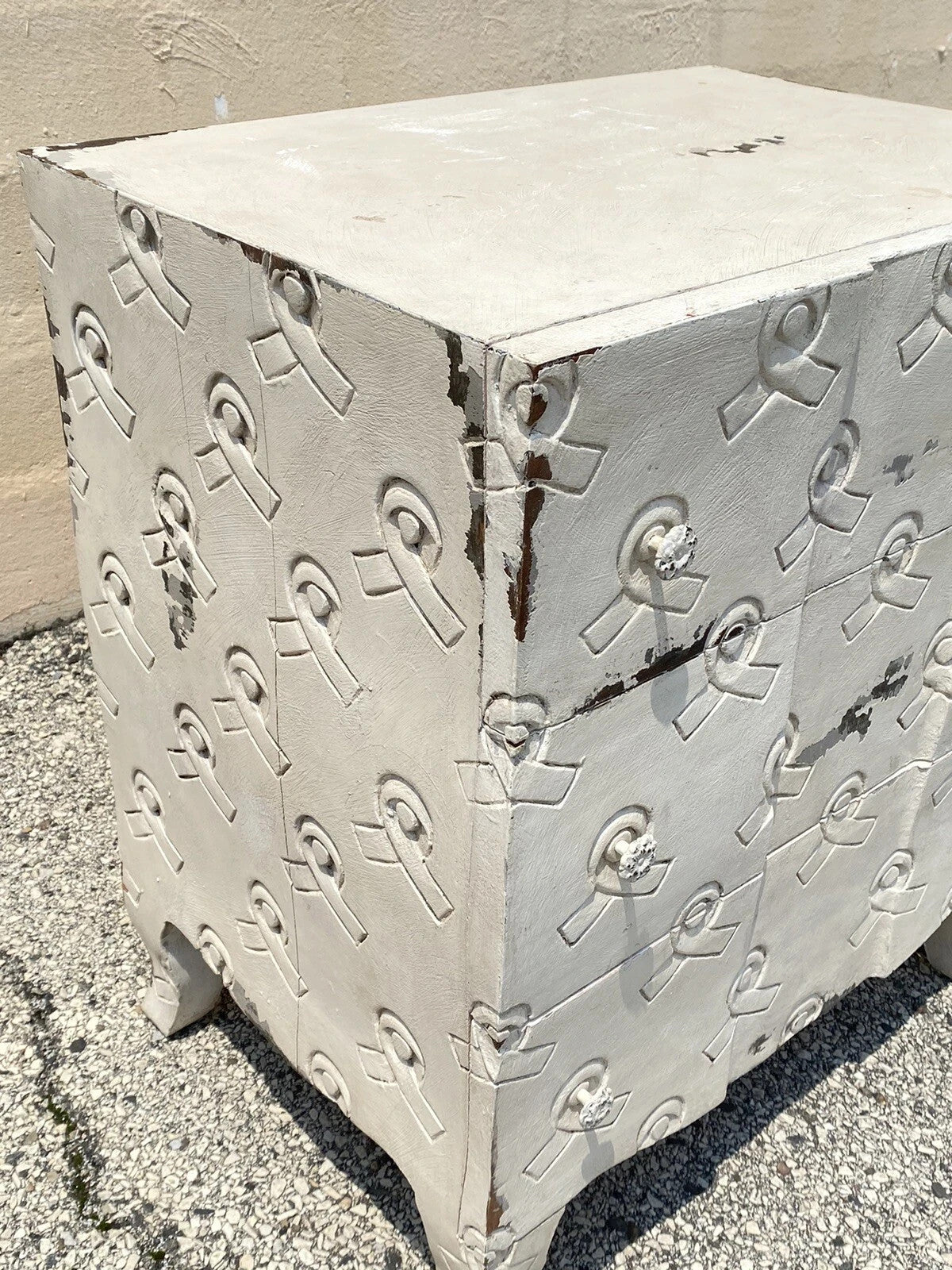 Breast Cancer Awareness Ribbon 3 Drawer White Carved Wood Chest Nightstand