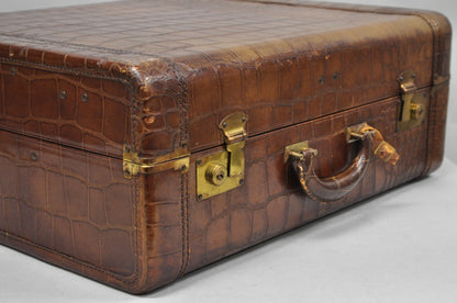 Vintage Art Deco Brown Leather Faux Crocodile Hard Case Suitcase Luggage