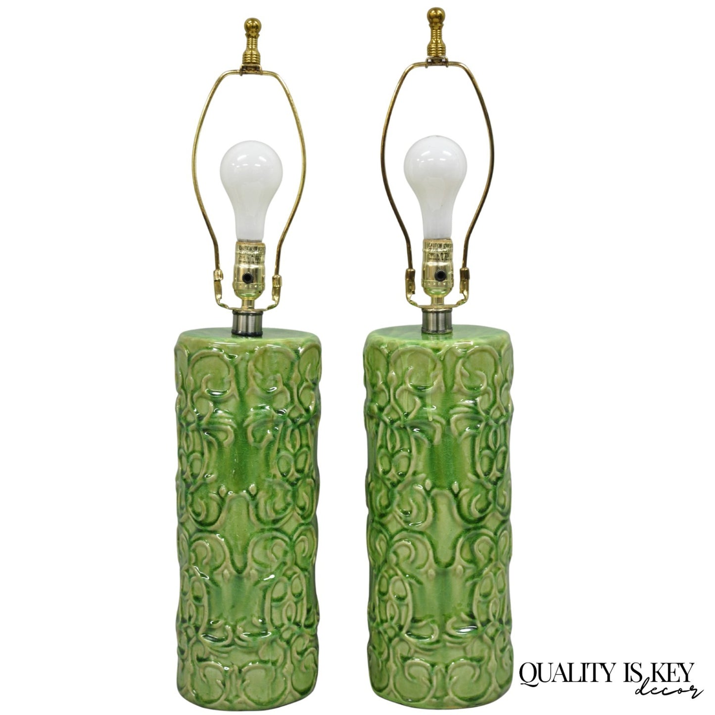 Contemporary Modern Green Glazed Ceramic Scroll Decorated Table Lamps - a Pair