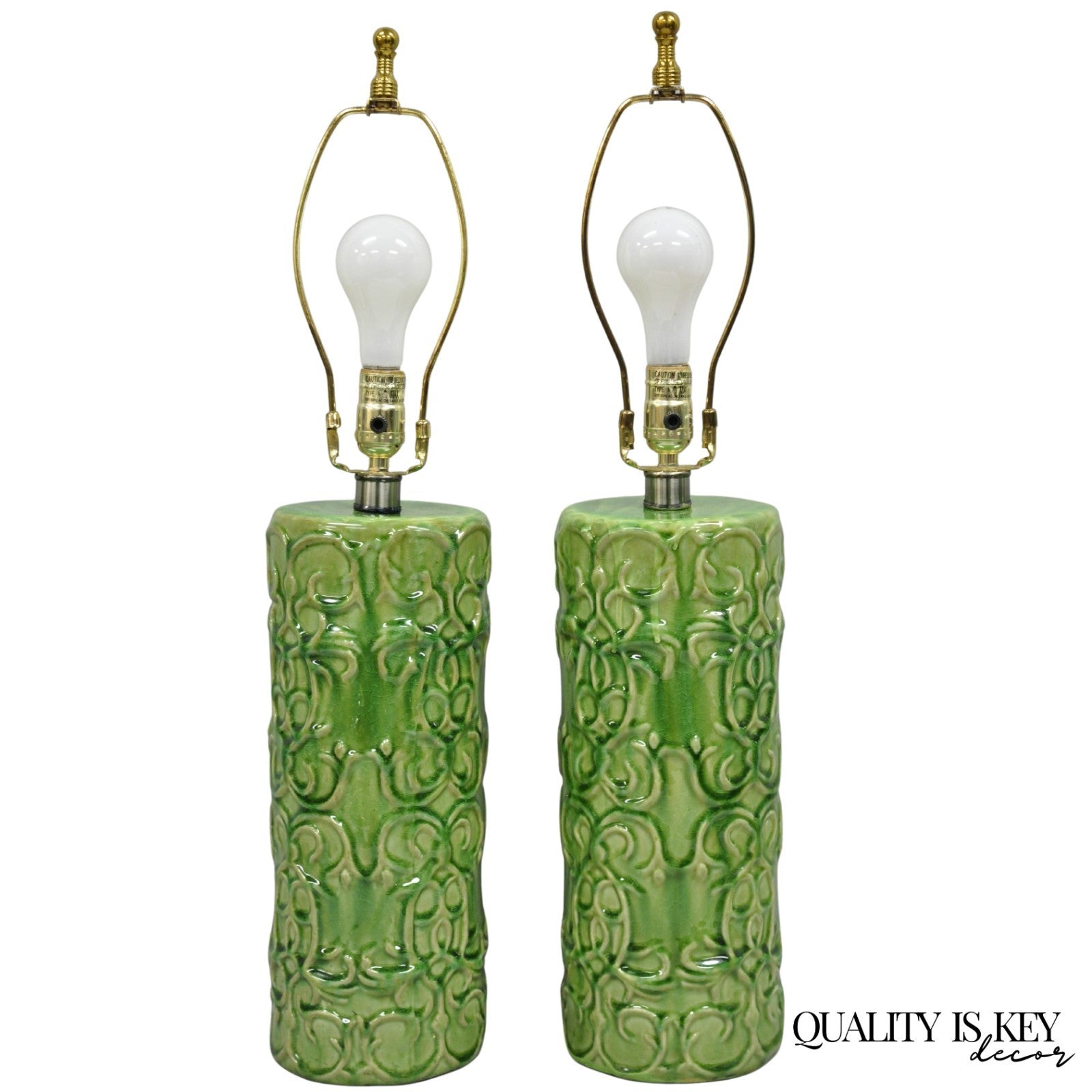 Contemporary Modern Green Glazed Ceramic Scroll Decorated Table Lamps - a Pair