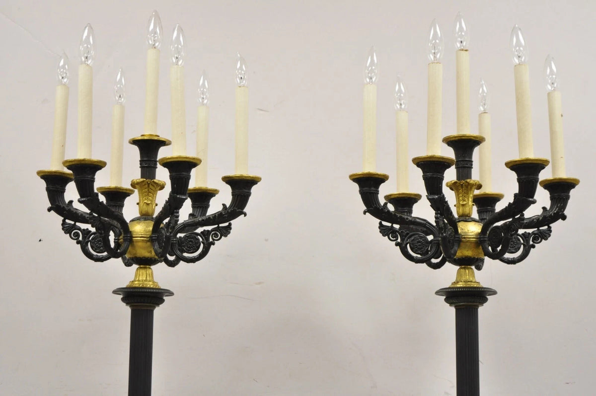 French Empire 68" Tall Bronze & Marble Lighted Candelabra Torchiere Floor Lamps