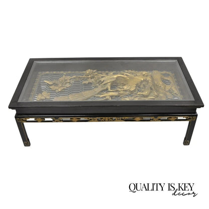 Vintage Chinese Relief Carved Ho ho Bird Glass Top Display Oriental Coffee Table