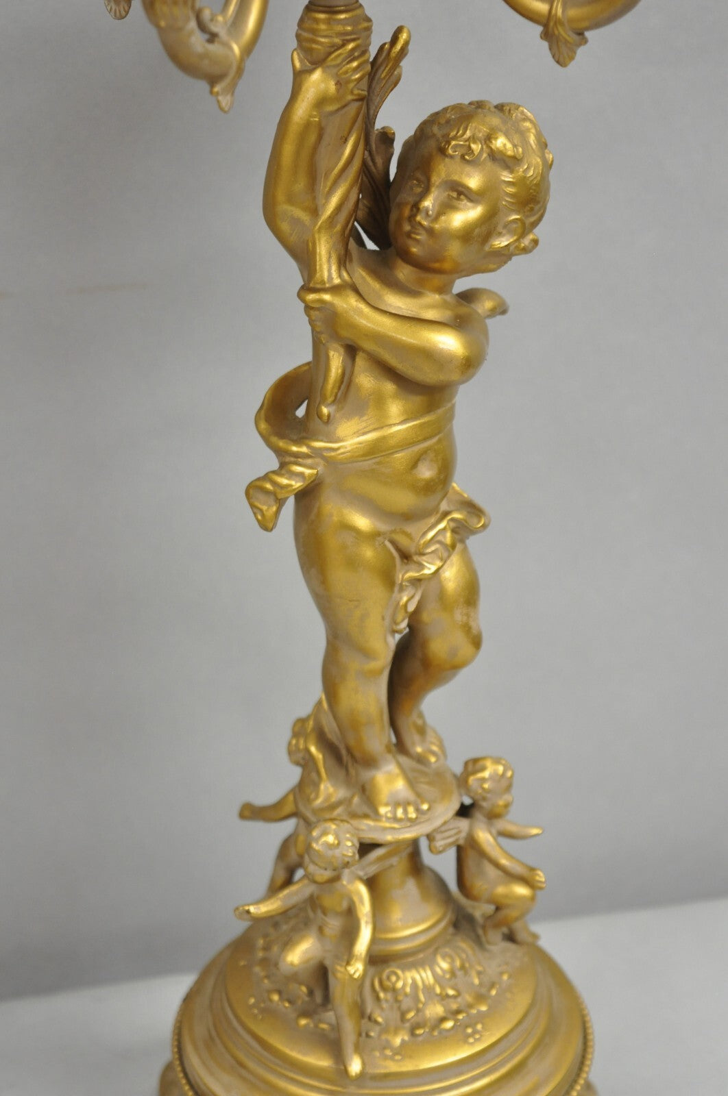 Vintage French Renaissance Louis XV Gold Cherub Candelabra Table Lamps - a Pair