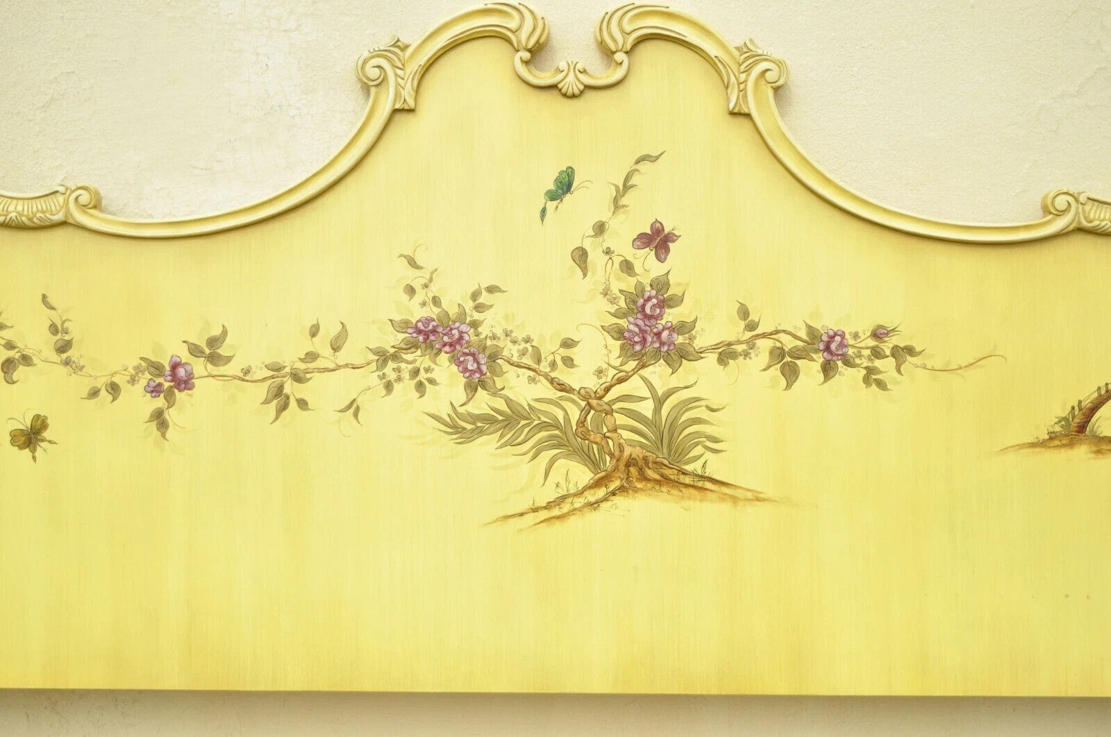 Vintage Chinoiserie Yellow Painted King Size Bed Headboard by Union National