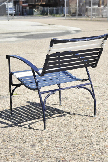 Vintage Faux Bamboo Aluminum Vinyl Strap Blue Patio Lounge Chair and Ottoman