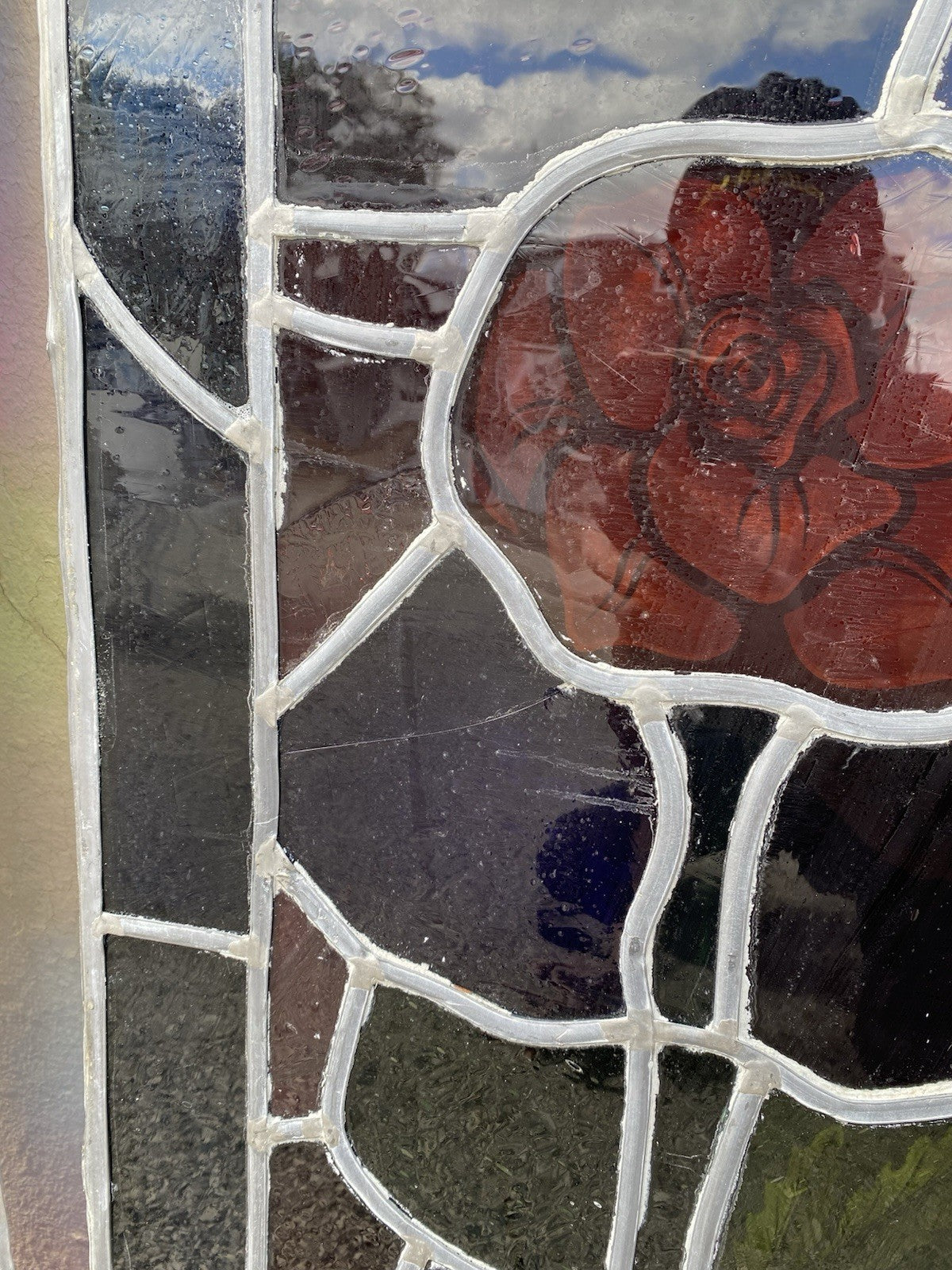 Vintage Art Deco Blue & Red Leaded Stained Glass Church Window w/ Cross - 6 Pcs