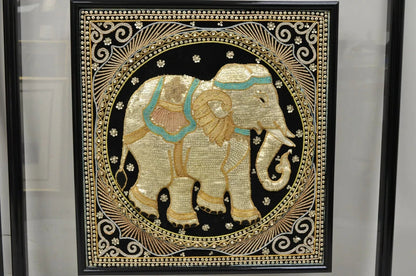 Framed Beaded Embroidered Elephant Padded Tapestry Indian Wall Art - a Pair