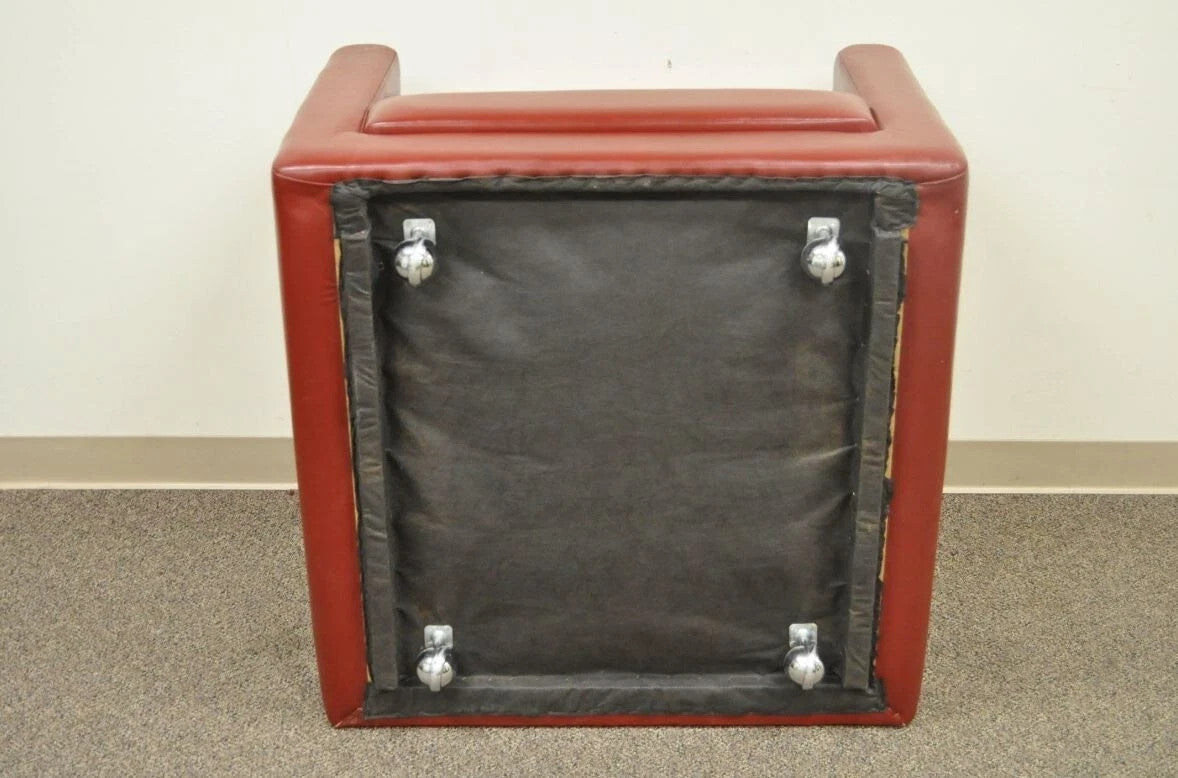 Vintage Mid Century Modern Red Leather Cube Club Lounge Chair on Rolling Casters