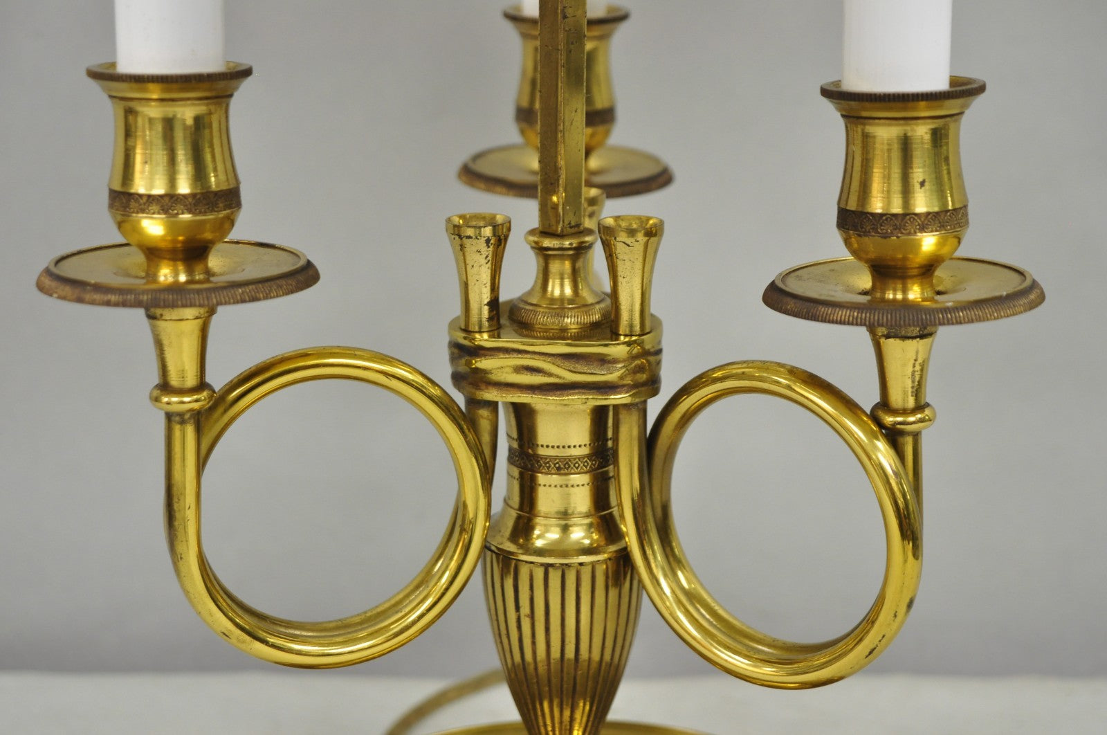 French Country Empire Brass Trumpet Arm Red Tole Shade Bouillotte Desk Lamp