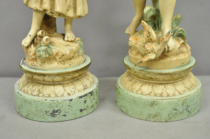 Vintage French Renaissance Moreau Metal Boy and Girl Figural Table Lamp - a Pair