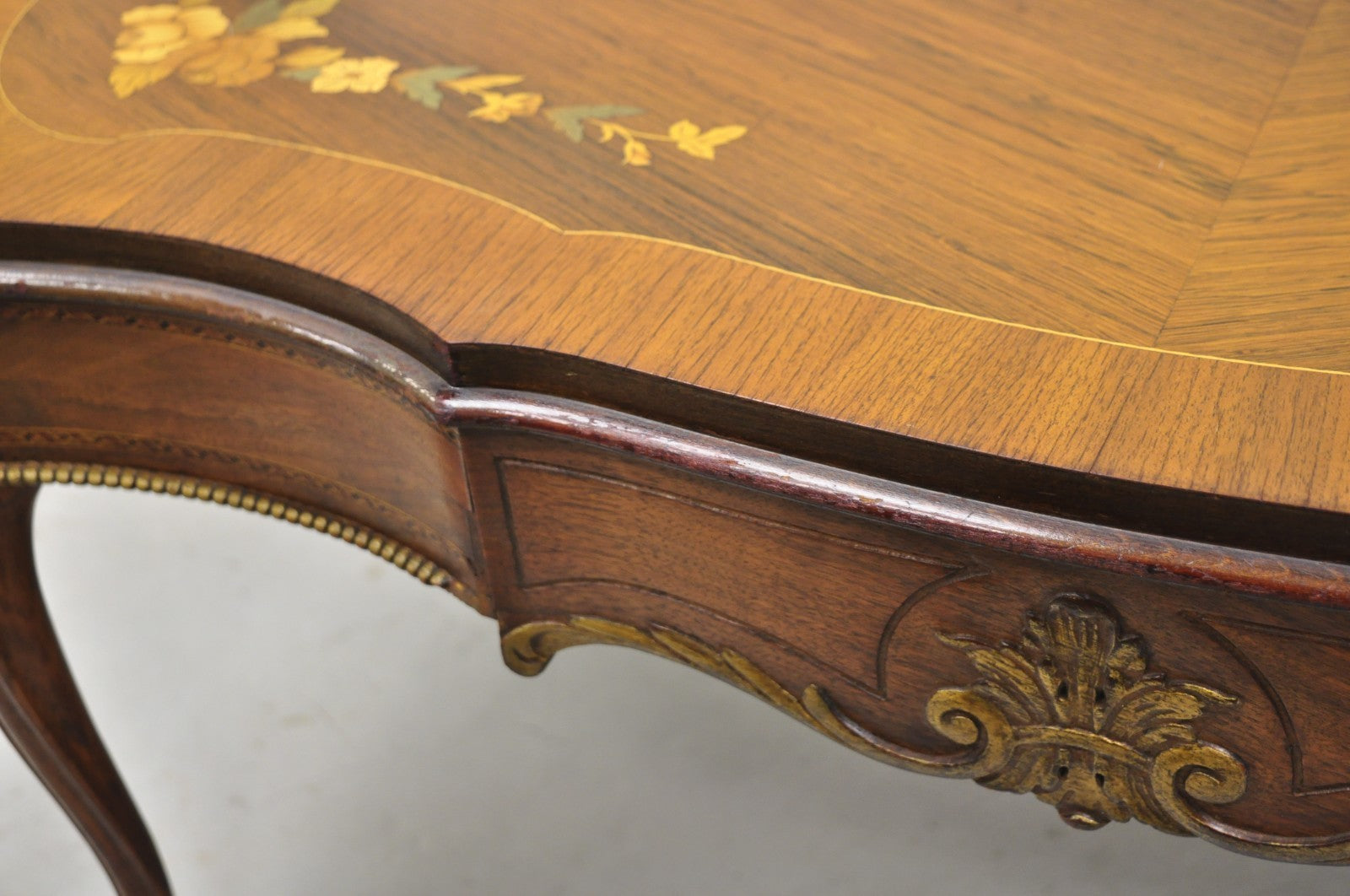 Antique French Louis XV Style Floral Inlay Walnut Coffee Table with Drawer