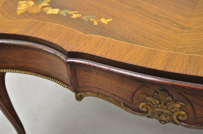 Antique French Louis XV Style Floral Inlay Walnut Coffee Table with Drawer