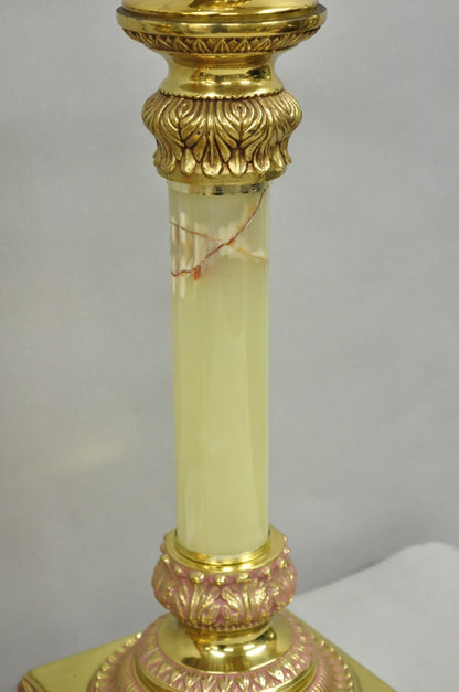 Vintage Hollywood Regency Brass Empire Column Green Pink Gold Table Lamps - Pair