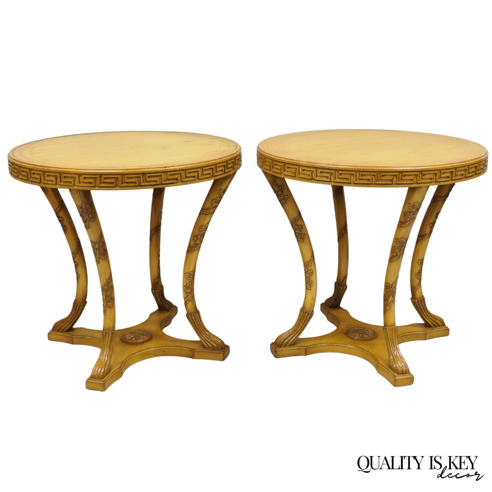 Vintage Italian Regency Round Leather Top Greek Key Carved Side Tables - a Pair