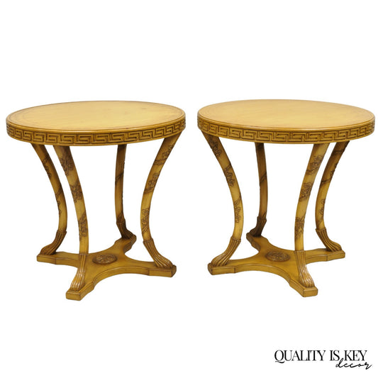 Vintage Italian Regency Round Leather Top Greek Key Carved Side Tables - a Pair