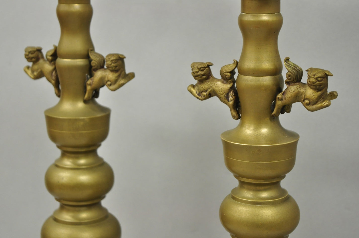 Vintage Oriental Foo Dog Stacked Brass Pricket Chinese 20" Candlesticks - a Pair