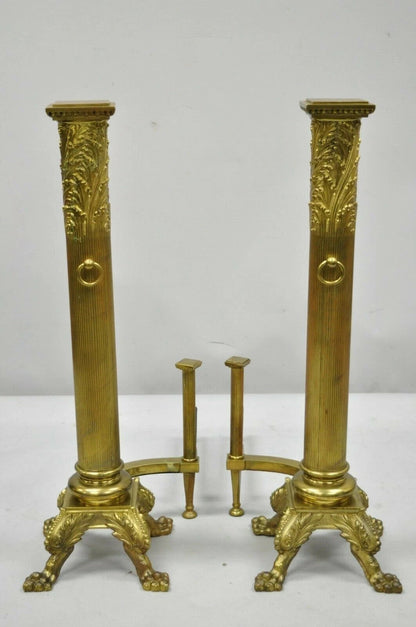 19th C. French Empire Bronze Large 32" Paw Foot Column Fireplace Andirons - Pair