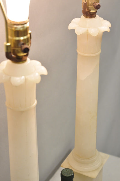 Vintage French Empire Italian Carved Alabaster Column Table Lamps - a Pair