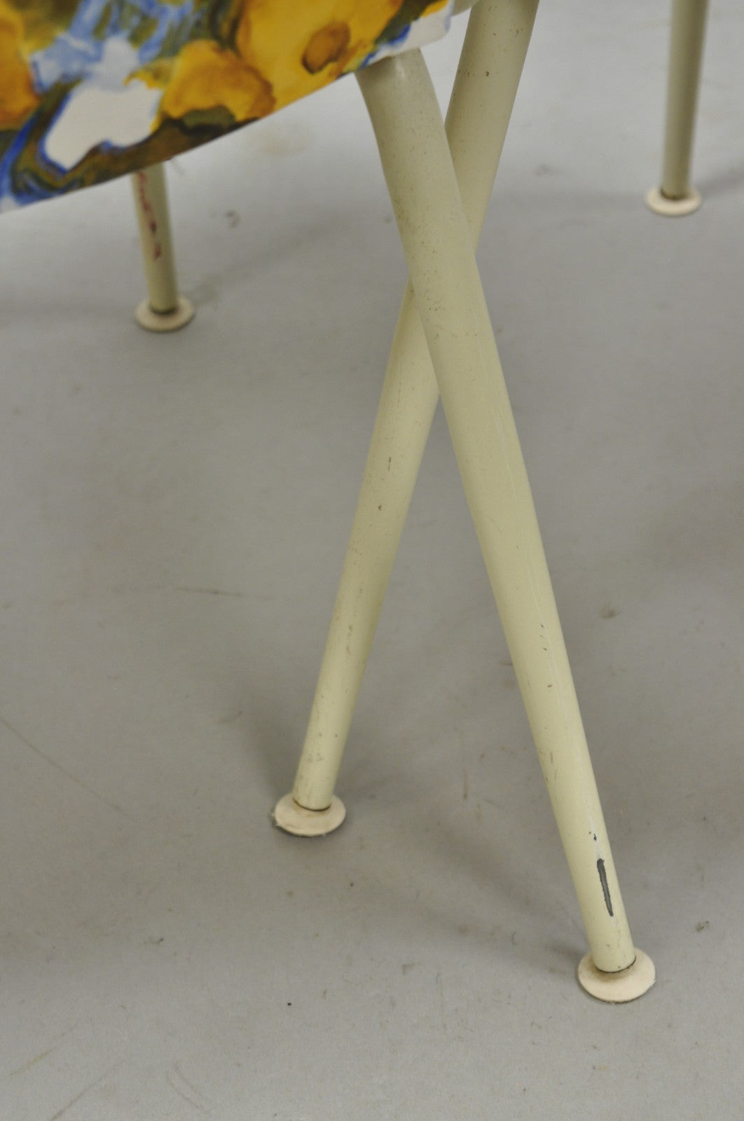 Vintage Retro Atomic Era Metal Kitchen Dining Chairs w/ Blue Yellow Flowers Pair