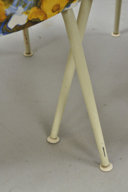 Vintage Retro Atomic Era Metal Kitchen Dining Chairs w/ Blue Yellow Flowers Pair