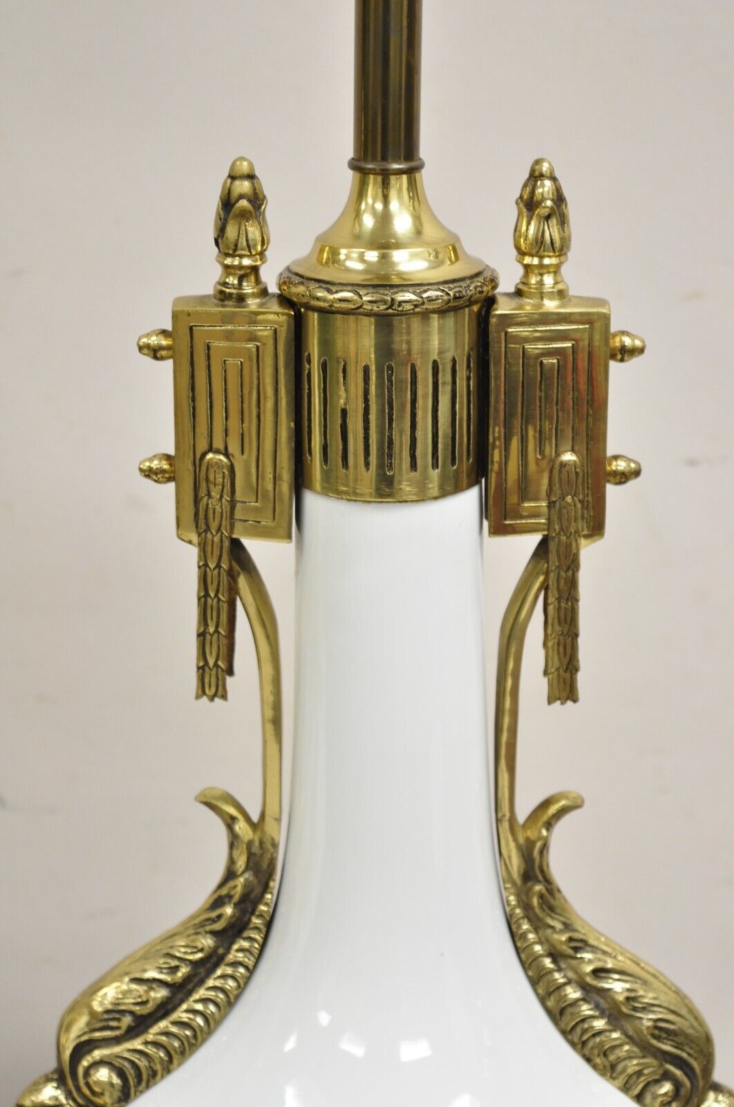 Vintage French Empire Neoclassical White Porcelain Brass Ormolu Table Lamp Pair