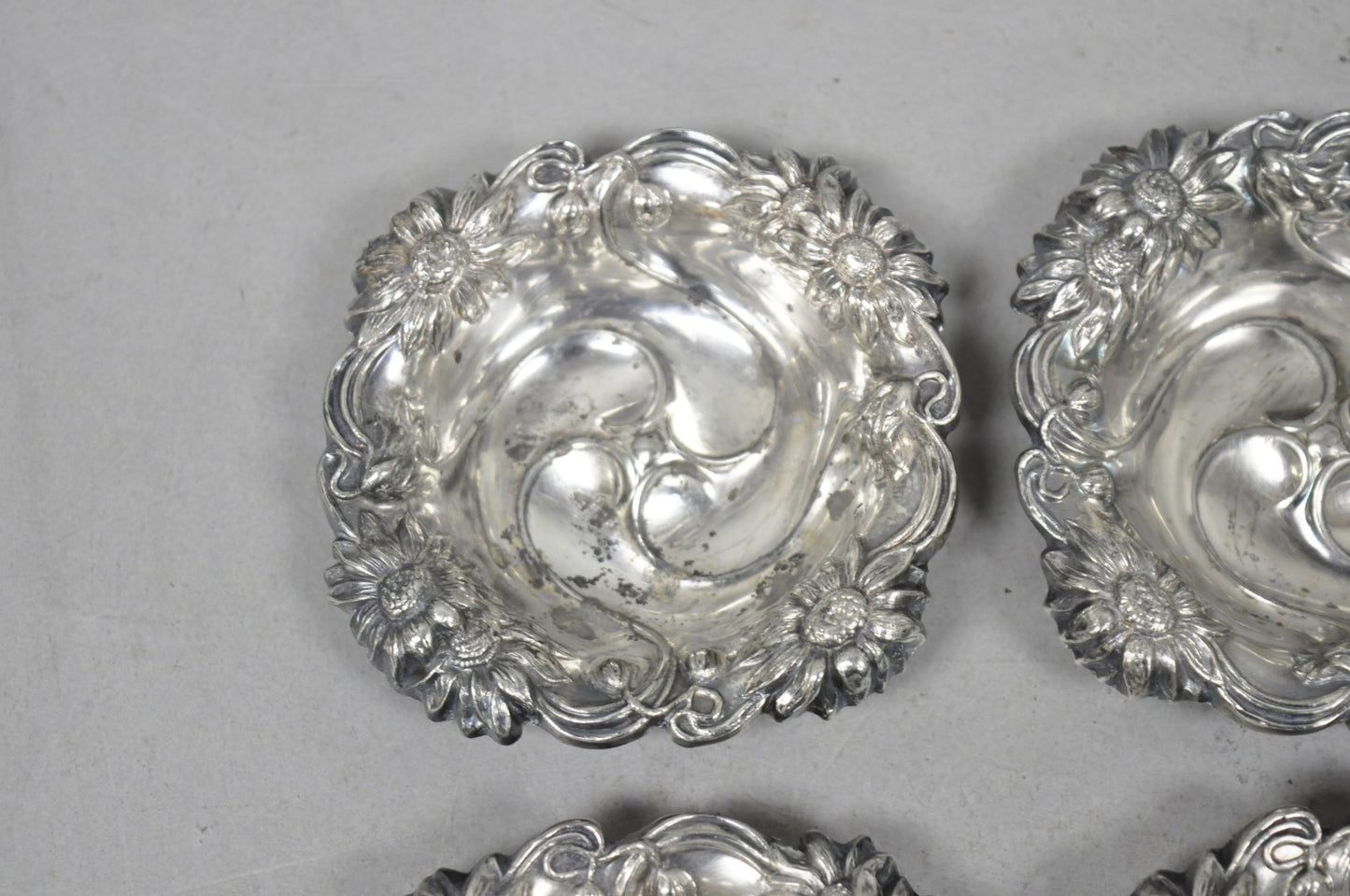 Antique English Art Nouveau Silver Plated Floral Repousse Nut Dish Bowl Set of 8