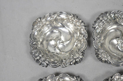 Antique English Art Nouveau Silver Plated Floral Repousse Nut Dish Bowl Set of 8