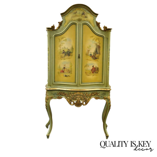 Antique French Louis XV Italian Rococo Style Hand Painted Green Cupboard Cabinet