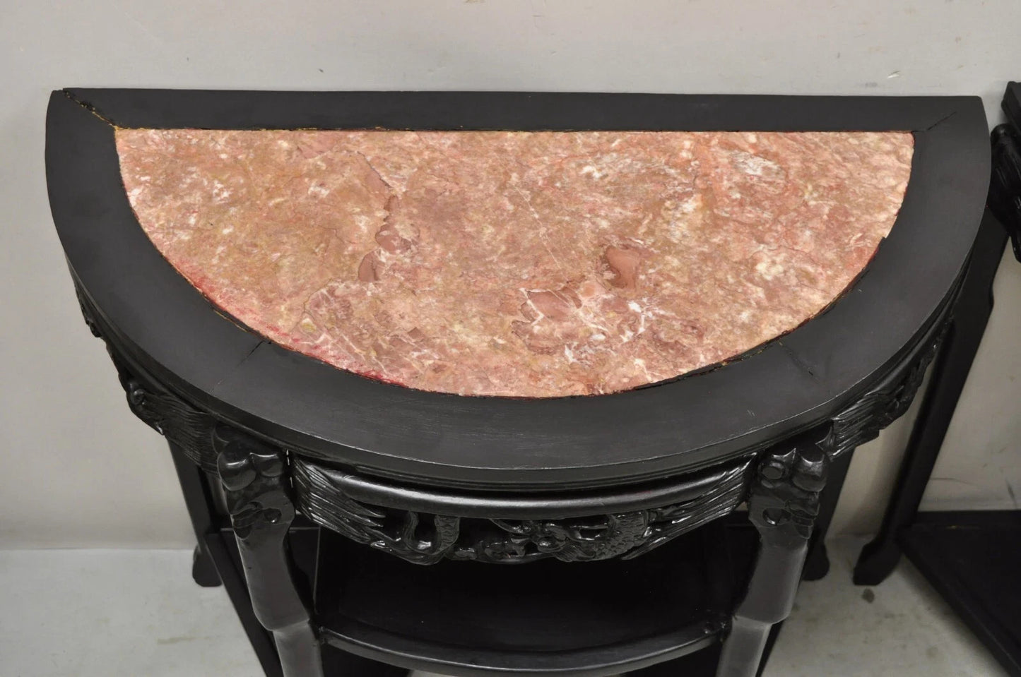 Vintage Chinese Chinoiserie Black Demilune Pink Marble Console Table - a Pair