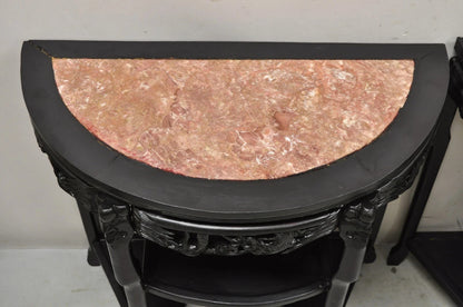 Vintage Chinese Chinoiserie Black Demilune Pink Marble Console Table - a Pair