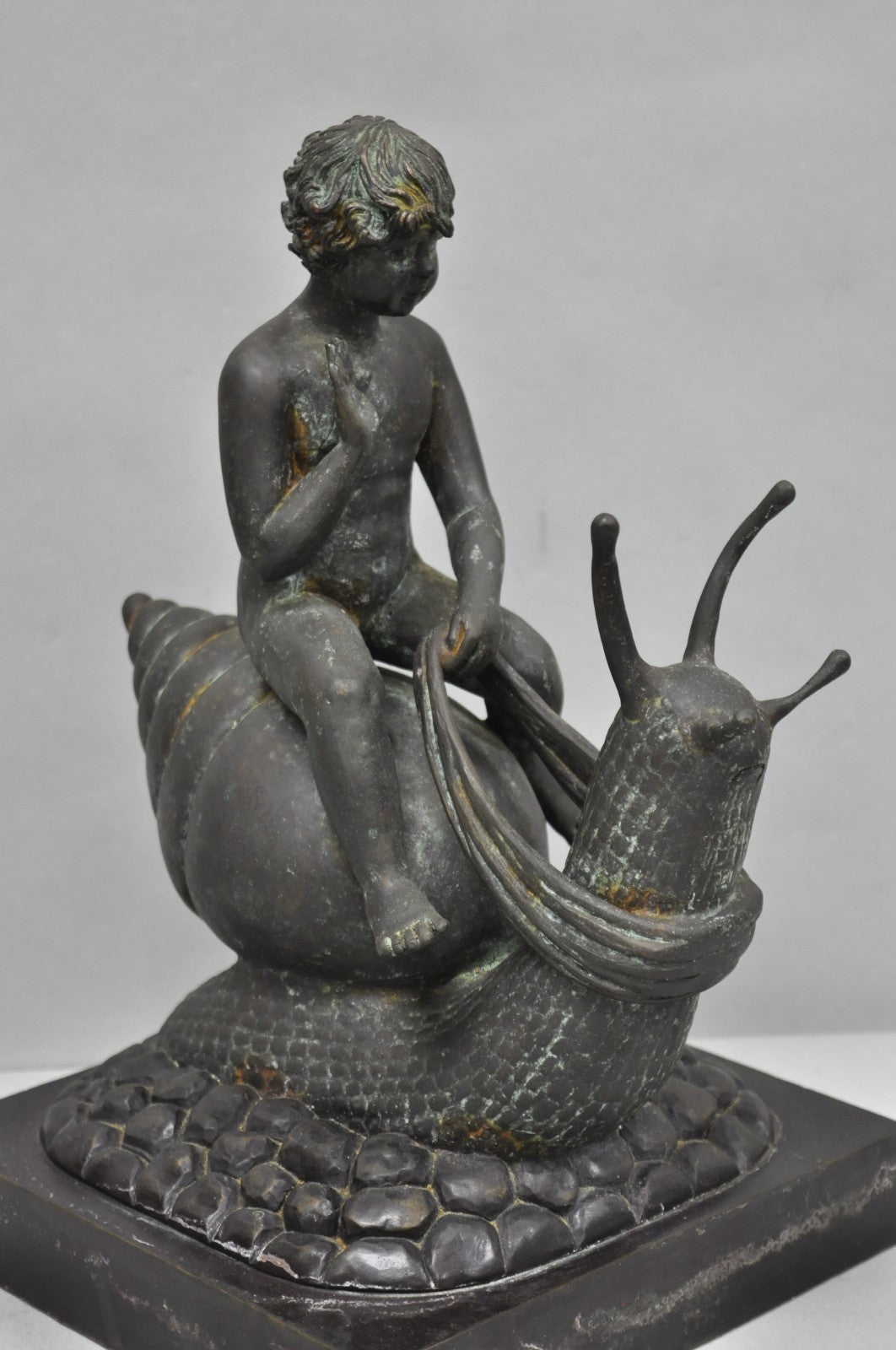 Vintage Mythical Bronze Cherub Riding Snail Sculpture Figure attr Maitland Smith