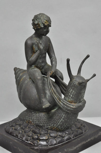 Vintage Mythical Bronze Cherub Riding Snail Sculpture Figure attr Maitland Smith