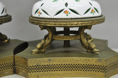 Antique Bohemian Czech Cut to Clear Glass Green and White Table Lamps - a Pair