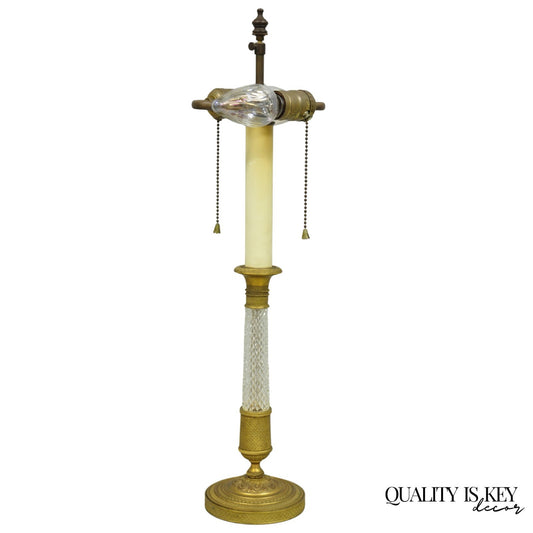 Antique French Empire Gilt Bronze Crystal Column Small Candlestick Table Lamp