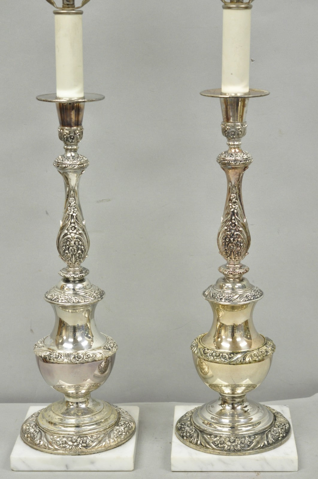 International Victorian Silver Plate Floral Repousse Candlestick Table Lamp Pair