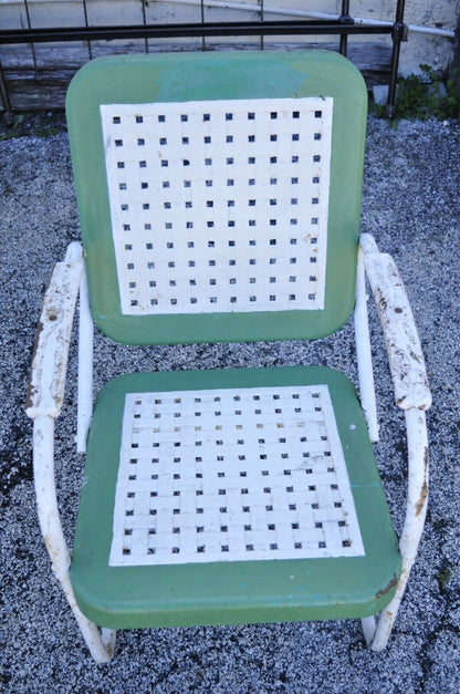 Art Deco Metal Basketweave Old Green White Porch Outdoor Spring Arm Chair