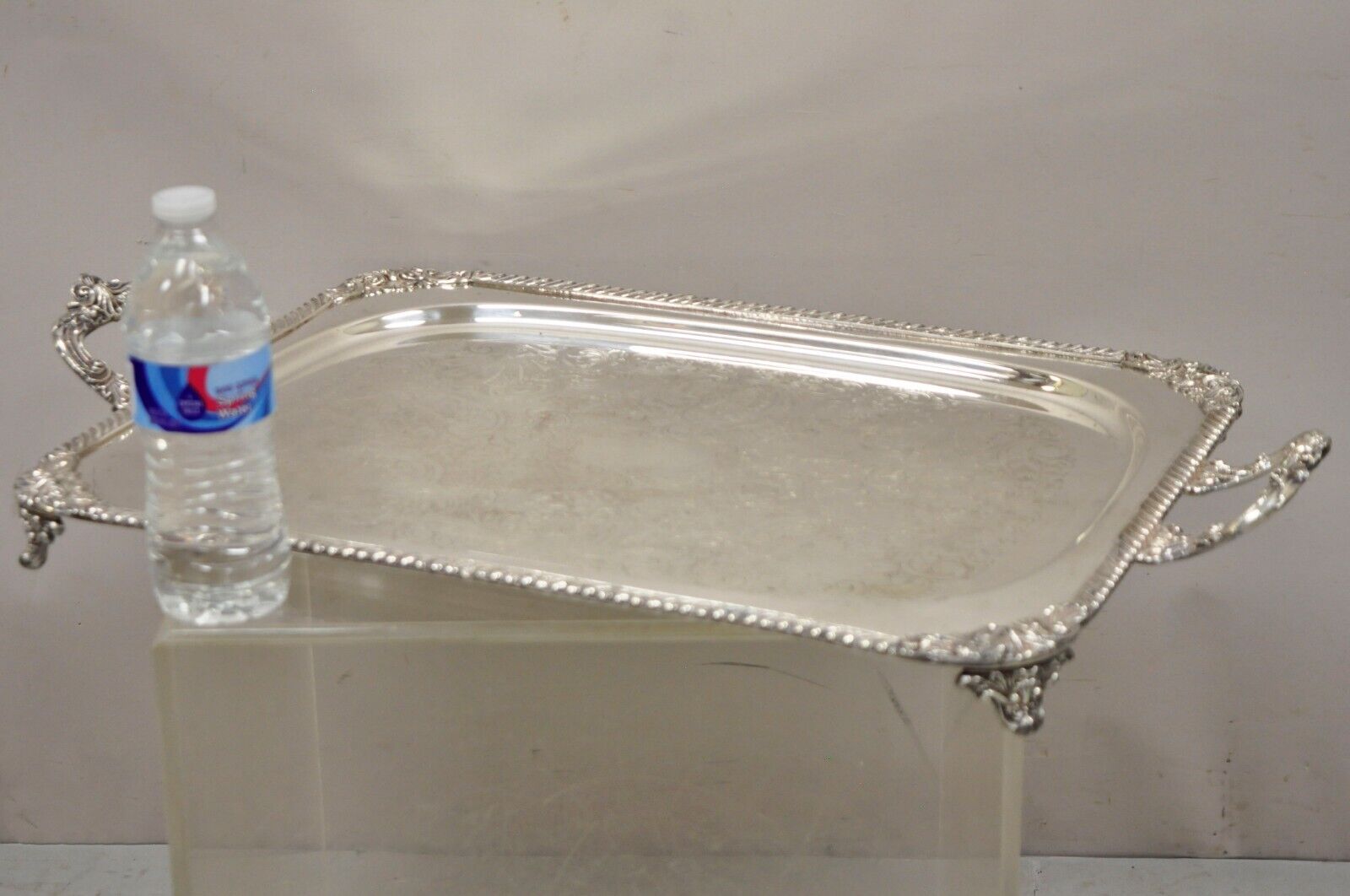 Ornate English Victorian Twin Handle Heavy Silver Plate Platter Tray