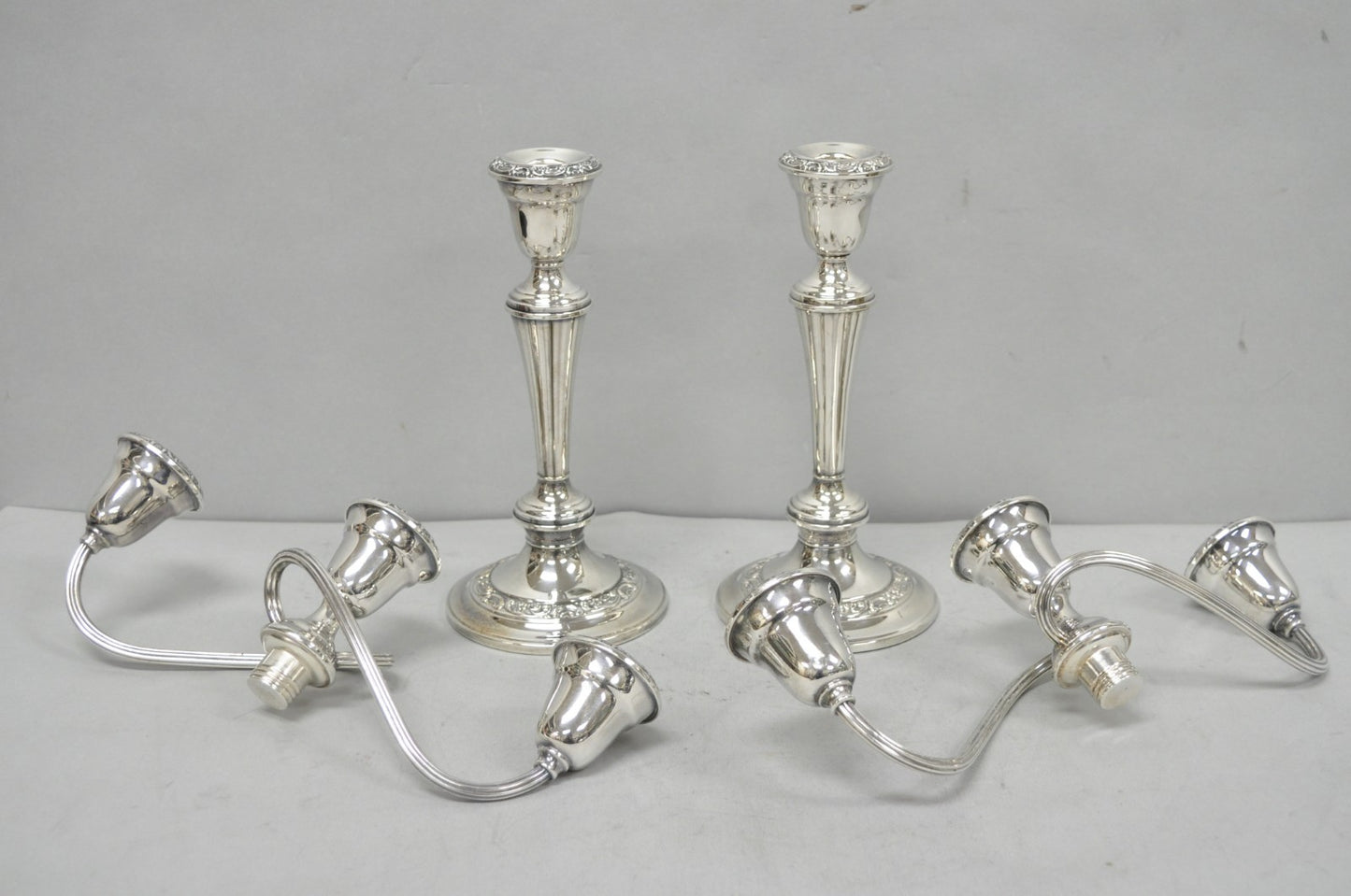 Vintage Gorham YC3021 Silver Plated 3 Arm Convertible Candelabra - a Pair