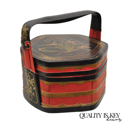 Vintage Chinese Black & Red Lacquer Floral Painted Lidded Wooden Tea Caddy Box