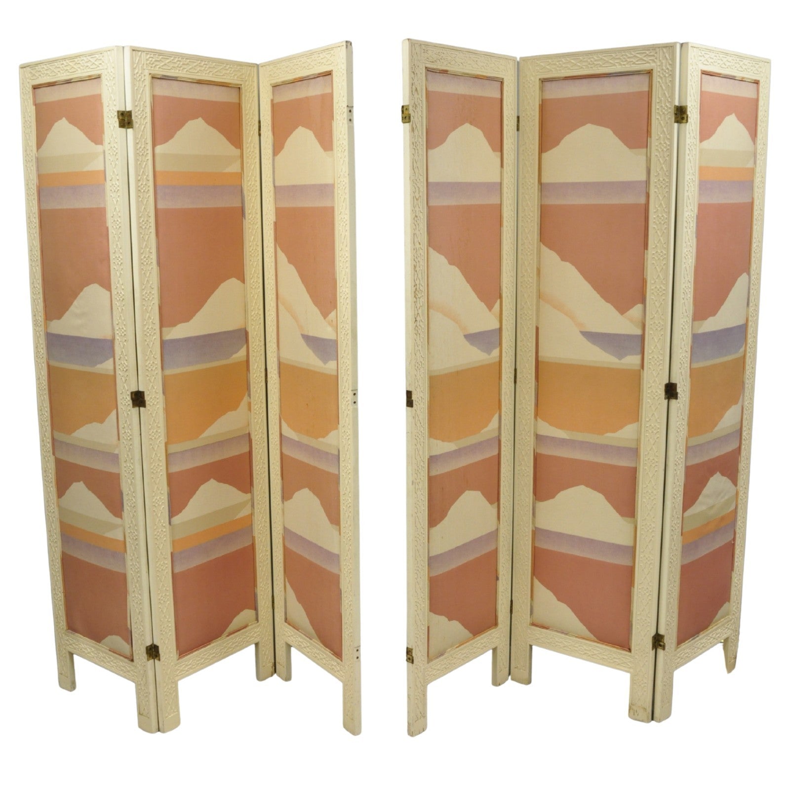 Vintage Oriental Fretwork Bone Lacquer Upholstered 6 Panel Room Divider Screen