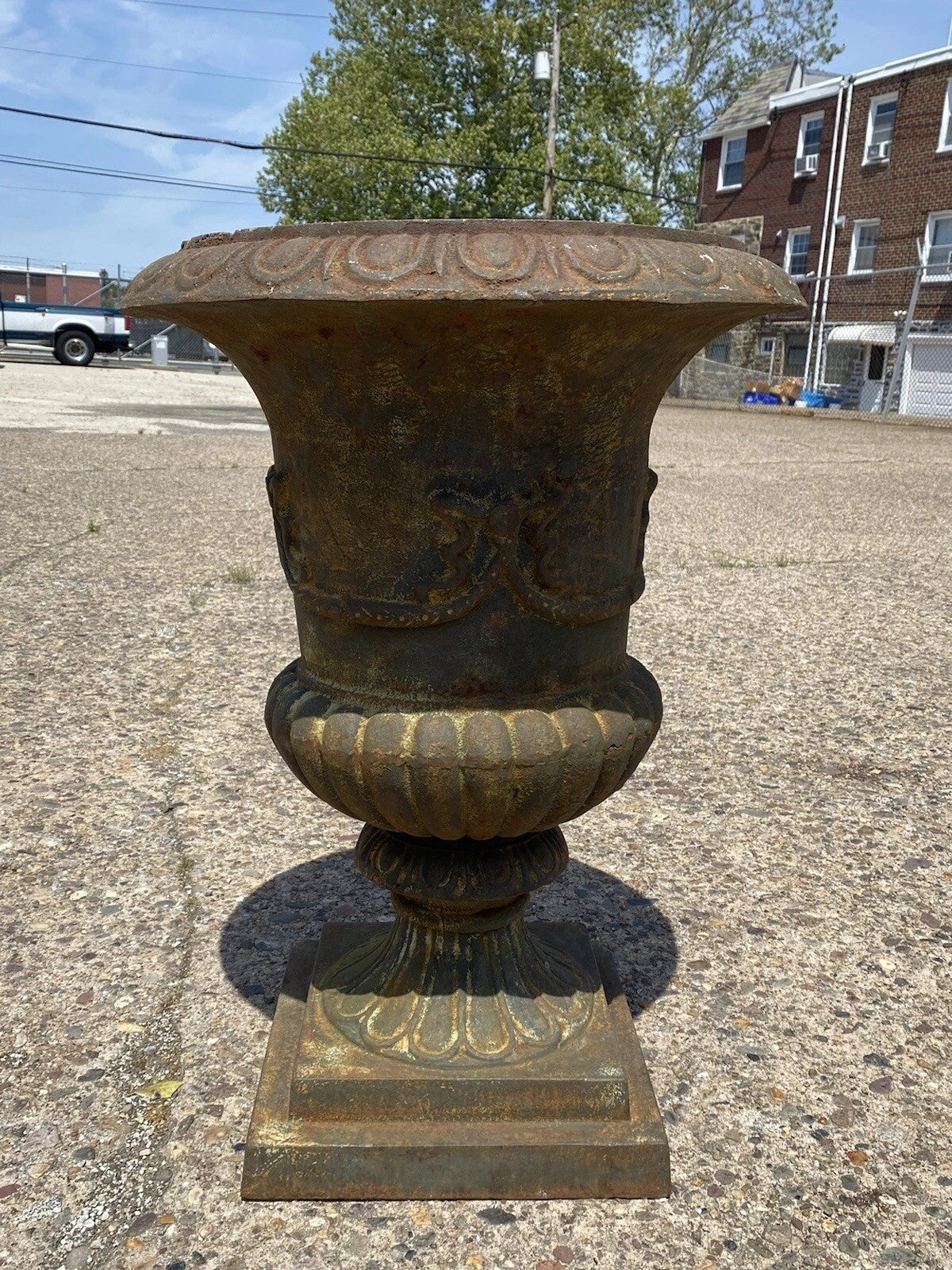 Vintage French Style Cast Iron 31"H Round Campana Urn Outdoor Garden Planter Pot