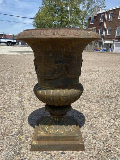 Vintage French Style Cast Iron 31"H Round Campana Urn Outdoor Garden Planter Pot